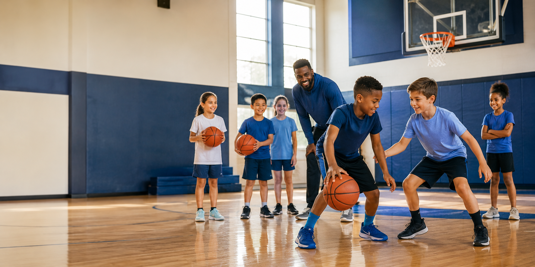 Young basketball players practicing together with an encouraging coach