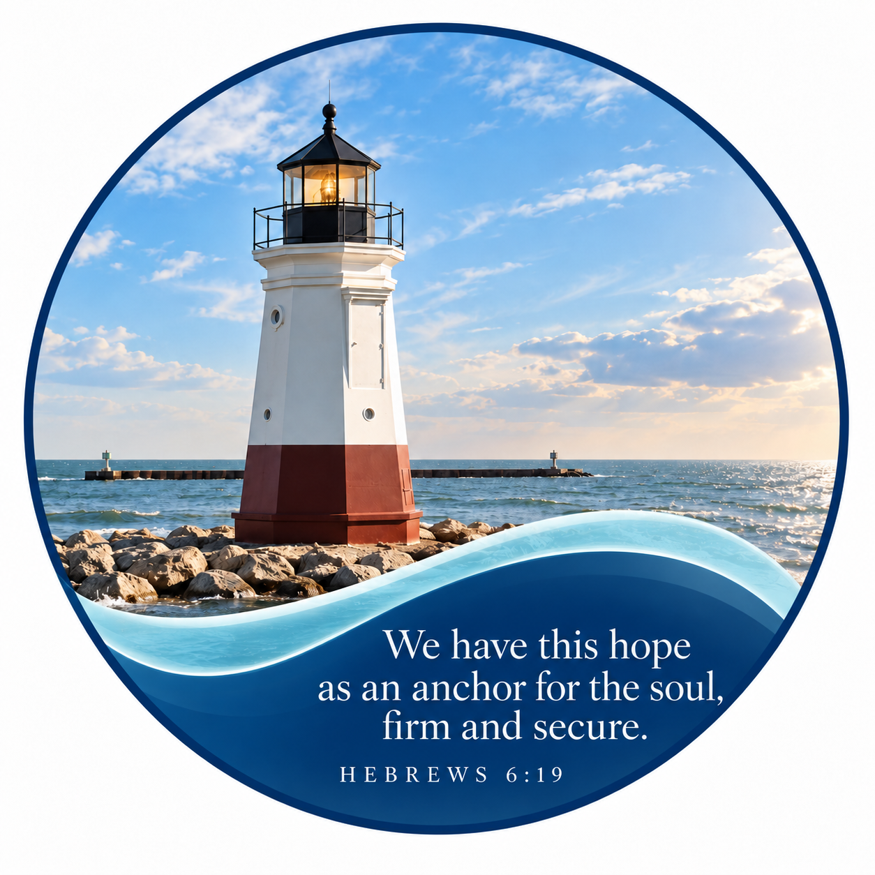 Vermilion lighthouse above Lake Erie waves with Hebrews 6:19: We have this hope as an anchor for the soul, firm and secure